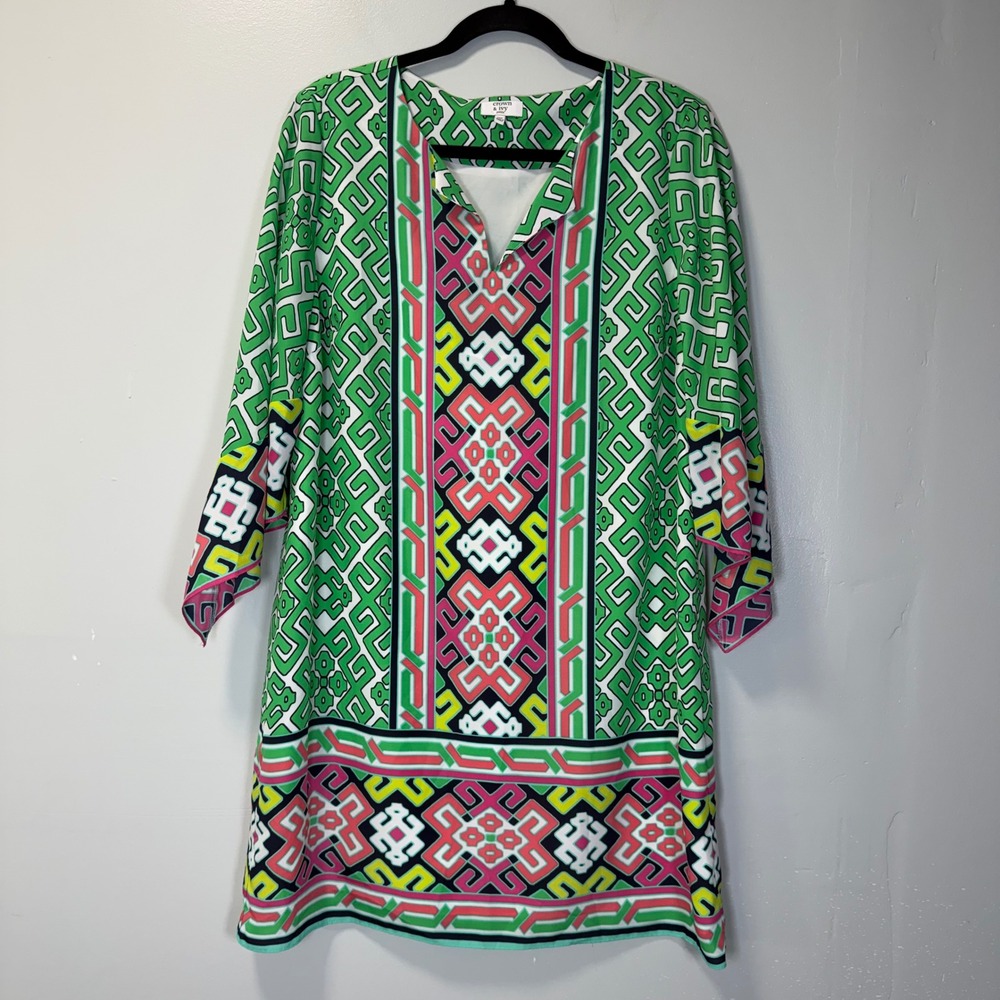 Crown & Ivy Petite Green Pink Geometric Greek Key Shift Dress 14P Bell Sleeve‎